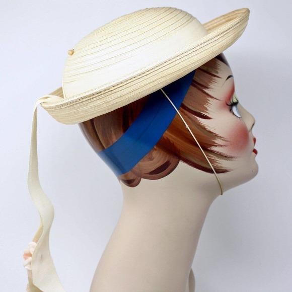 Vintage Ivory White Straw Boater Hat w Trailing Ribbons and Flowers - Hey Viv - Picture 1 of 6